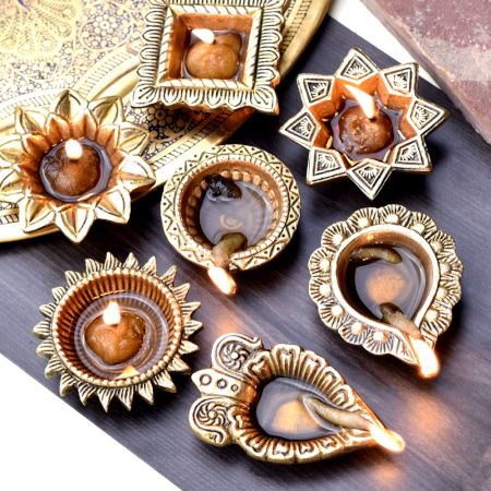 Golden Brass Decorative Diya For Temple Decoration - Pack of 7